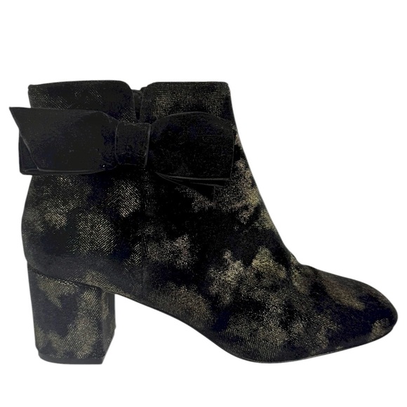 Kate Spade Langley Velvet Black Gold Bow Ankle Booties Size 9 - Picture 1 of 15